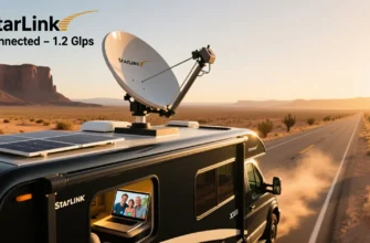 Starlink satellite dish mounted on RV roof providing high-speed internet while traveling
