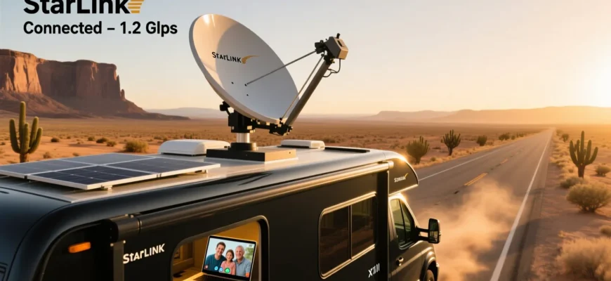 Starlink satellite dish mounted on RV roof providing high-speed internet while traveling