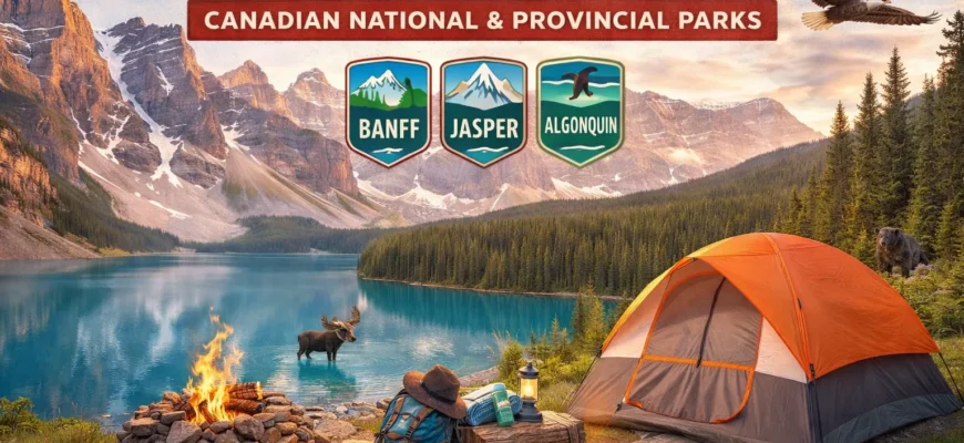 Camping tent by turquoise lake in Banff National Park Canada with mountain backdrop