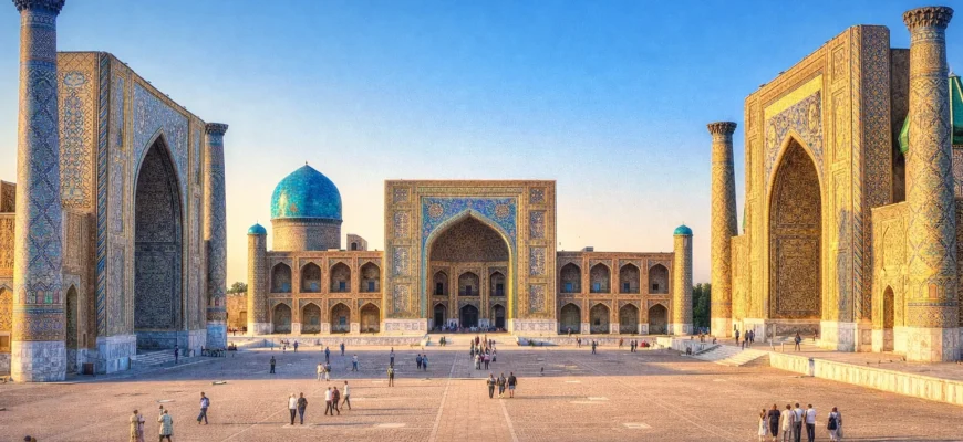 Central Asia travel showing Registan Square Samarkand Uzbekistan with blue tile mosaics and Silk Road architecture