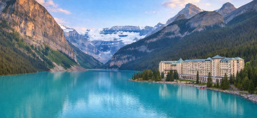 Turquoise waters of Lake Louise with Canadian Rockies mountains and Fairmont Chateau hotel, Banff National Park Alberta Canada