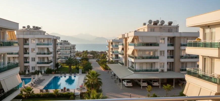 Wohnanlage in Alanya nahe Küste mit Balkonen und Pool, typische Eigentumswohnungen