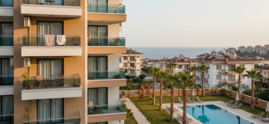 Apartmentanlage in Alanya mit Pool und Balkonen nahe Küste